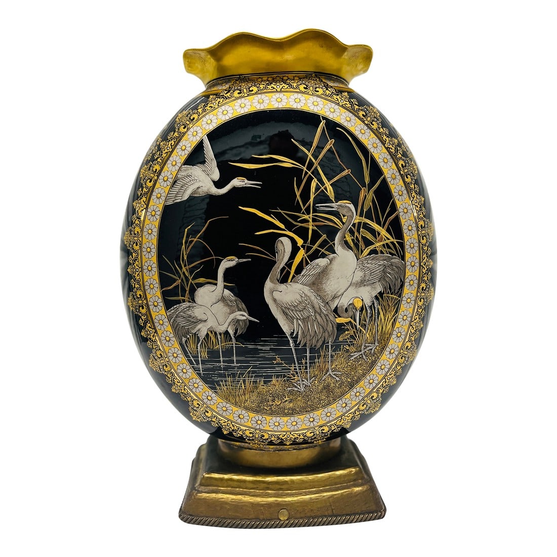 Exhibition Quality English Coalport Porcelain "Crane" Japonesque Enamel Vase: Coalport Porcelain (English, 1795-1926 then part of the Wedgwood company), circa 1885. An Exhibition quality porcelain moon flask style vase featuring a cobalt ground and grouping of highly detailed e