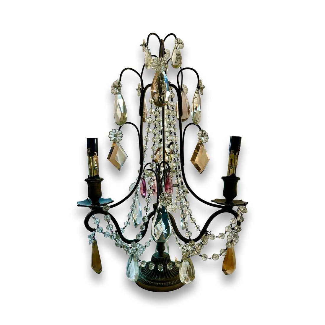 1930s French 3 Light Crystal Girondles, a Pair, Original Colored Crystals - 2