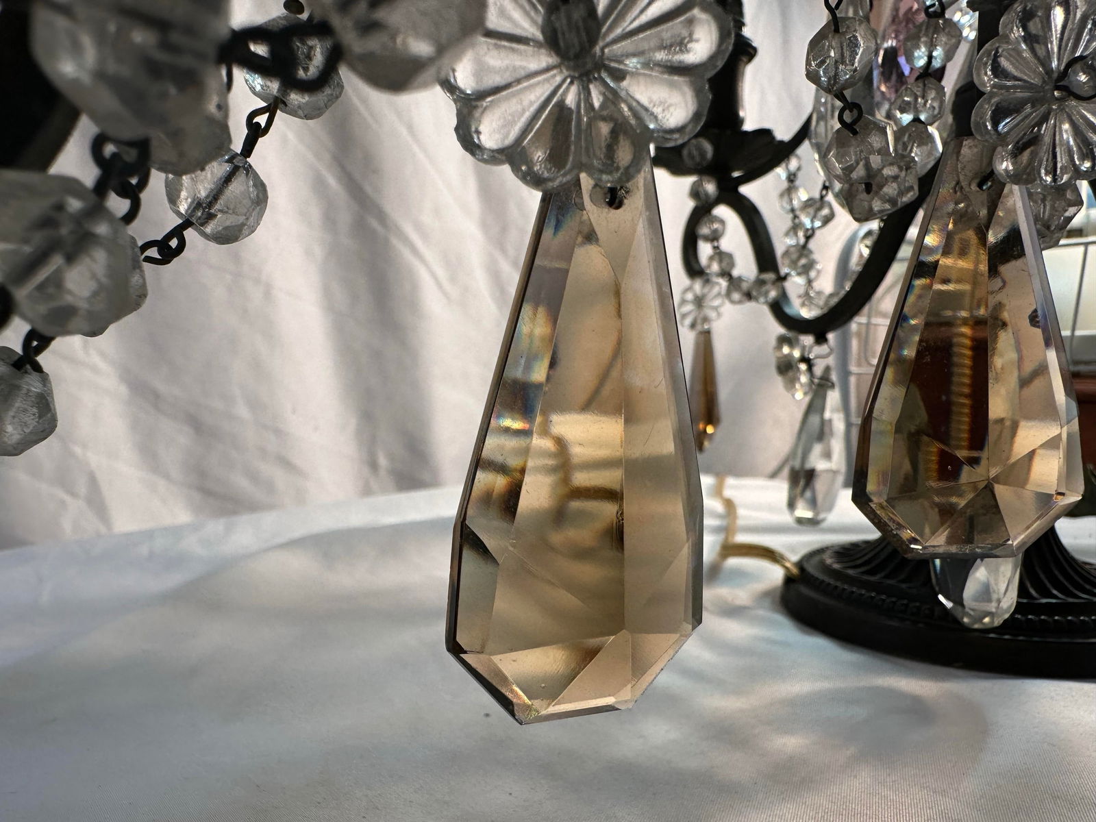 1930s French 3 Light Crystal Girondles, a Pair, Original Colored Crystals - 7