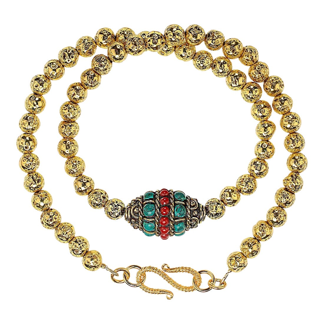 Gold Washed Lava Rock With Asian Focal Necklace: Unique 17-Inch Gold-Washed Lava Rock Necklace with Asian-Inspired Turquoise and Orange Focal Stand out with this truly unique 17-inch necklace, featuring 7mm gold-washed lava rock beads that bring tex