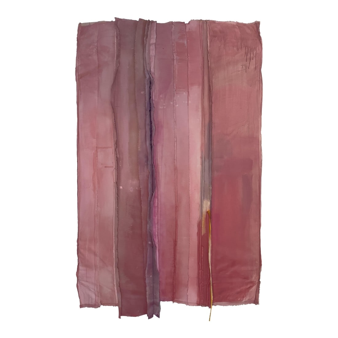 Good Morning Kiss Salvaged Materials Coral Colorfield Wall Sculpture: Surplus canvas and fabrics are sewn together and stretched over reused wood stretcher bars and then embellished with leftover artist paints, creating this resource-conscious, eye-catching wall sculptu