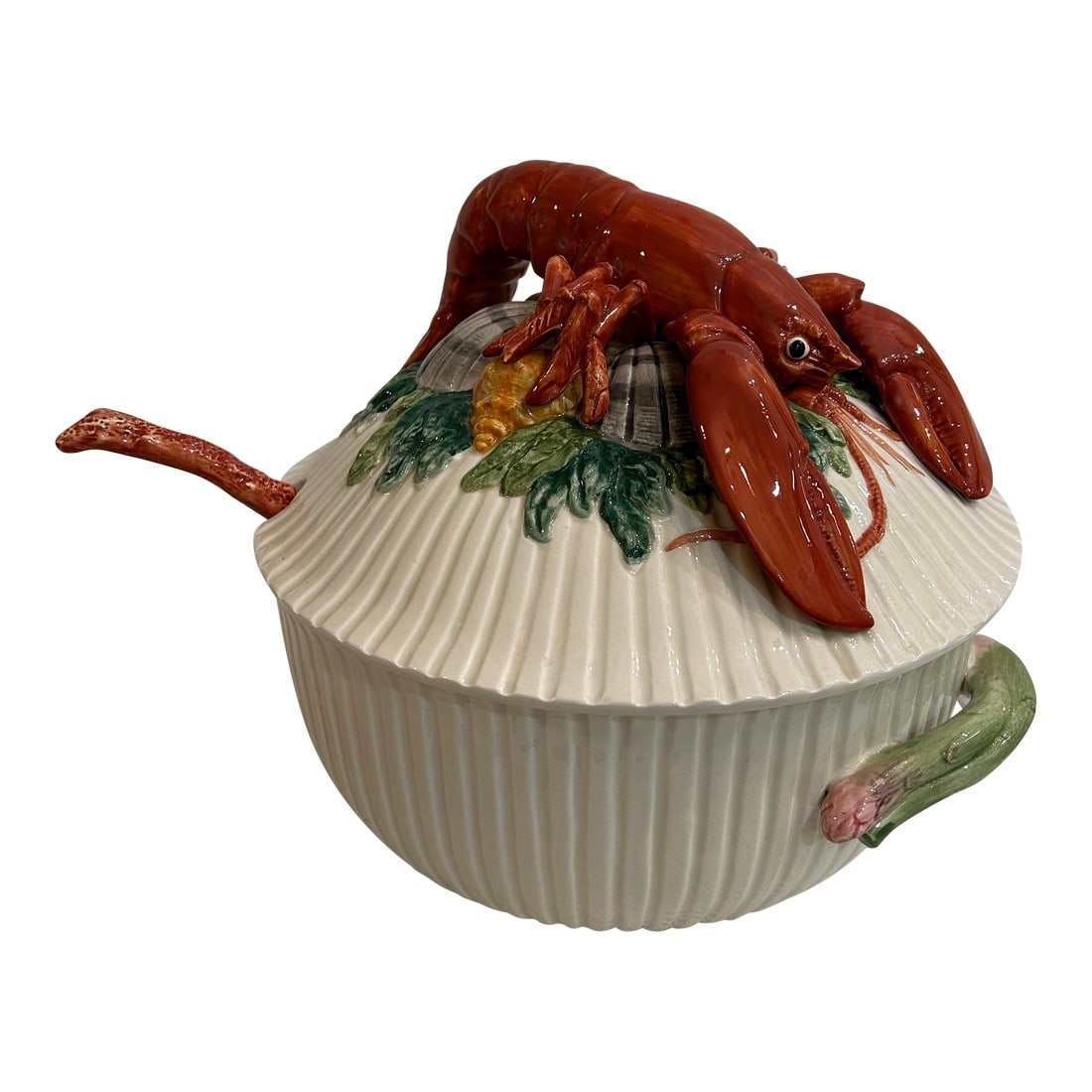 1992 Fitz and Floyd "Fish Market" Trompe L'Oeil Lobster Soup Tureen With Lid and Ladle: Fitz and Floyd produced the most colorful and whimsical pieces and this Trompe L'oeil lobster tureen will not disappoint. It appears to be a very rare find as only one other was found on the internet.