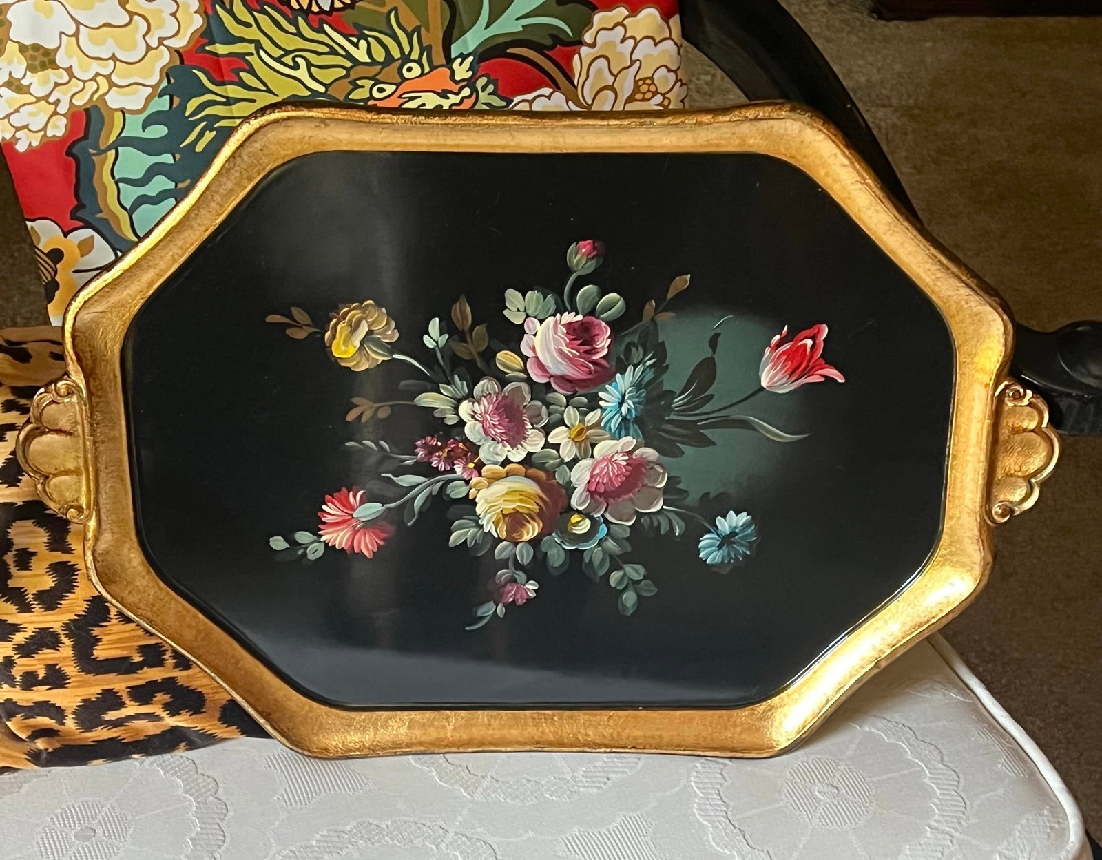 Vintage Bergdorf Goodman Italian Florentine Hand-Painted Tray Floral Design Decor - 8