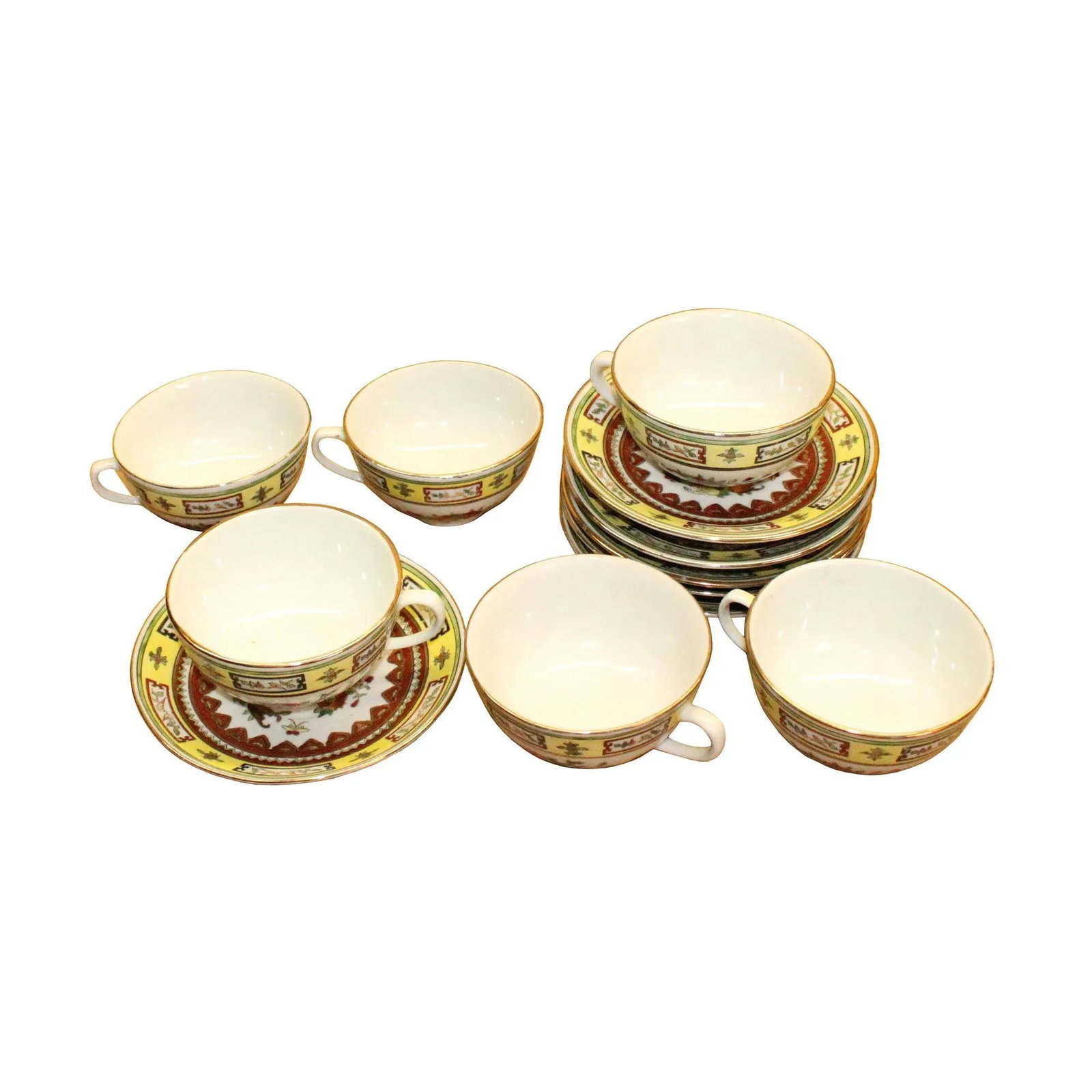 Set Chinese Vintage Yellow Floral Theme White Base Porcelain Teacups Plates - 10