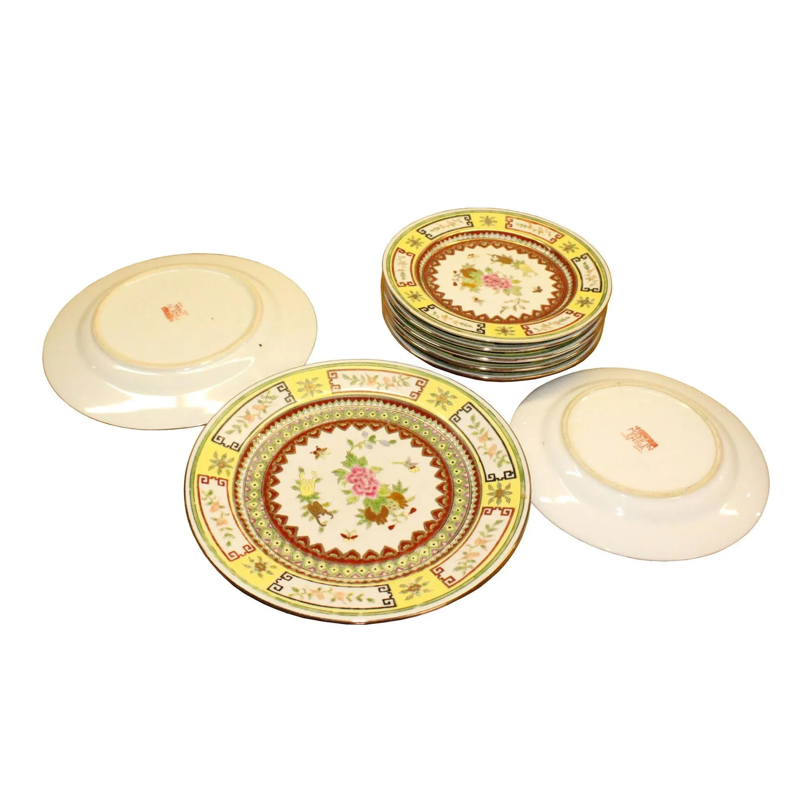 Set Chinese Vintage Yellow Floral Theme White Base Porcelain Teacups Plates - 7