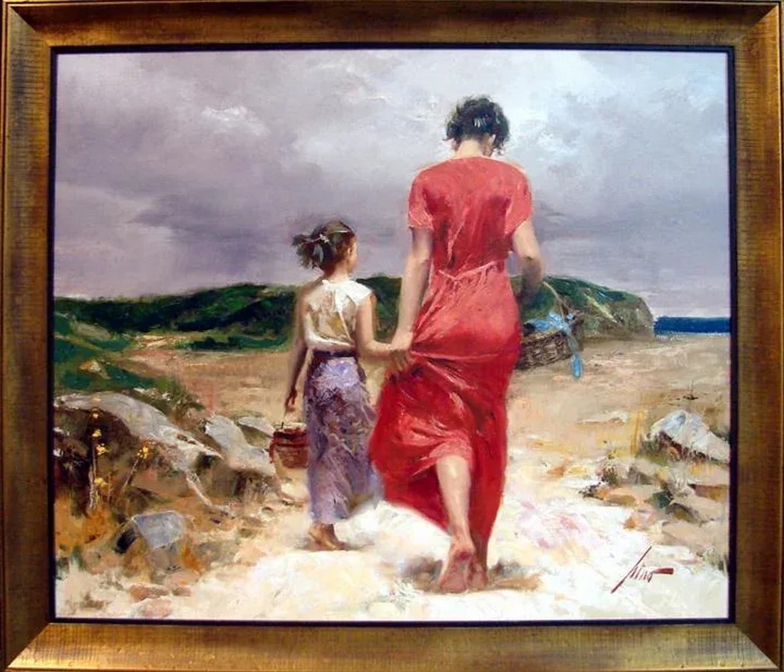 Pino "Afternoon Stroll"Hand Signed Giclee Art Canvas Custom Framed: Afternoon Stroll -framed Hand-embellished limited edition giclee printed on canvas by Pino Hand signed by the artist Excellent condition (including frame) Image Size: 30" x 36" Frame Size: 35" x 41"