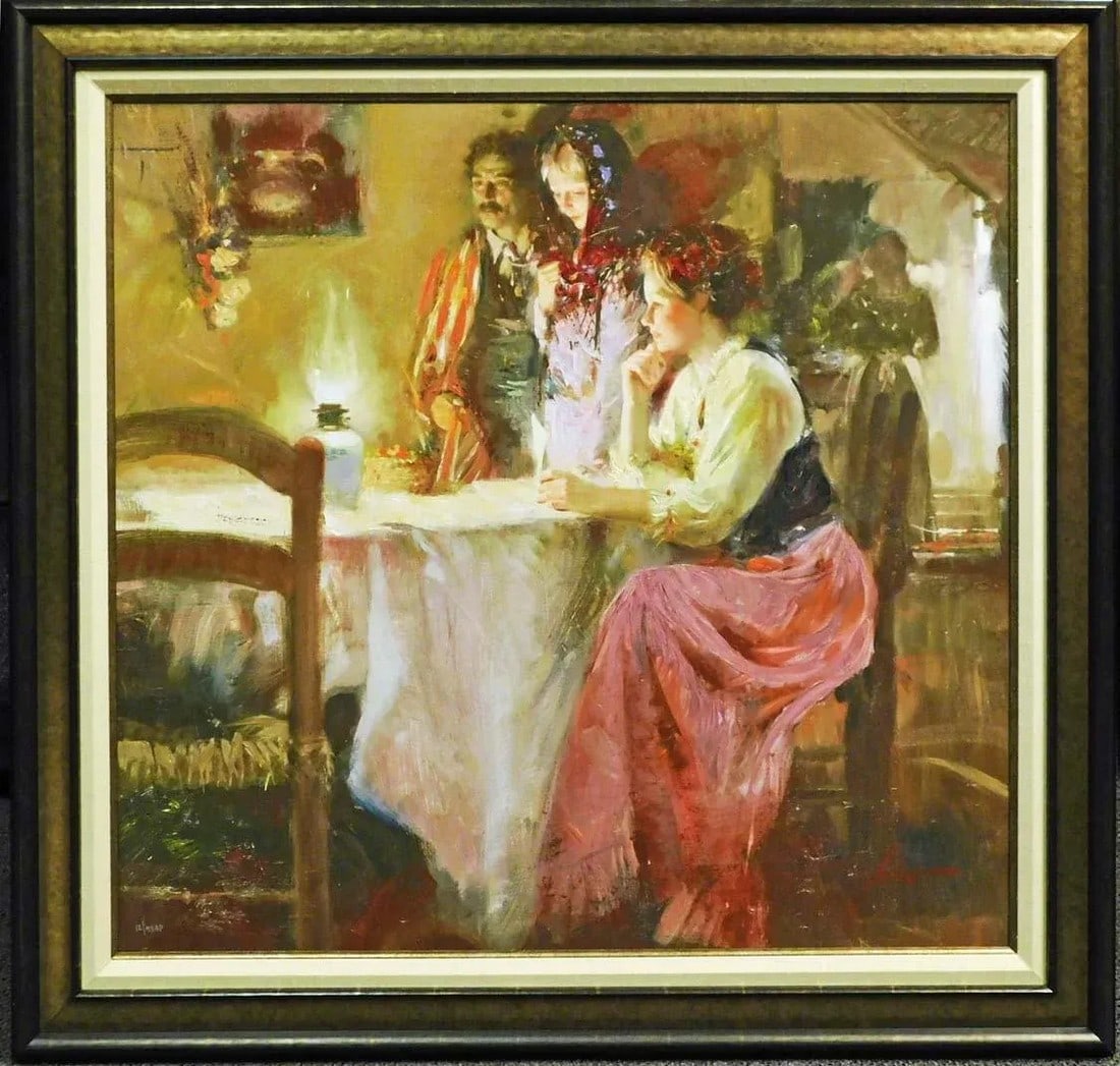 Pino "Mystical Light" Hand Signed & Embellished With Custom Frame: Mystical Light Hand-embellished limited edition giclee printed on canvas by Pino Hand signed and embellished by the artist Canvas Size: 33" x 35" Frame Size: 41" x 43" Art Condition : MINT Edition