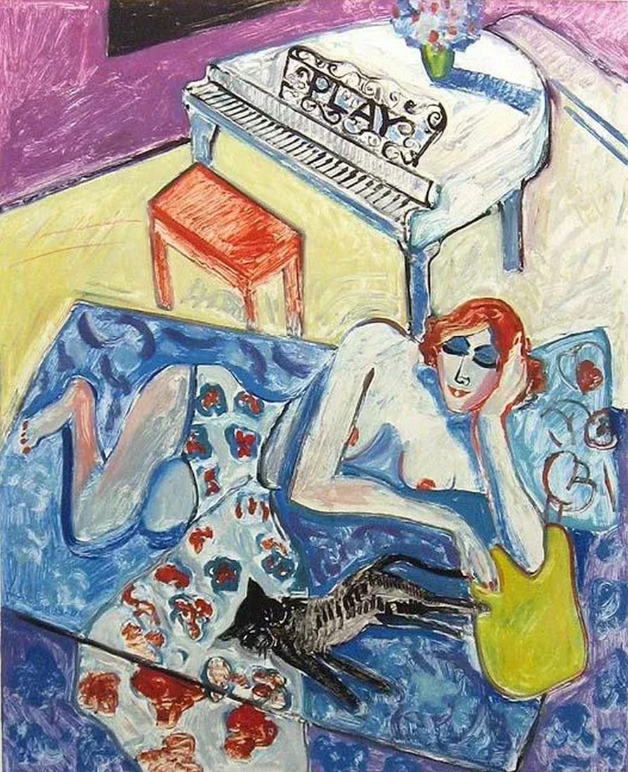 1980s Earl Linderman "Intermezzo" Hand Signed Original Monotype Artwork: Intermezzo Original Monotpye by Earl Linderman Original Monotype on paper Matted, Not Framed Hand signed by the Artist Matted Size: 37" x 31" Image Size: 29" x 23-1/2" Condition of the artwork & mat i