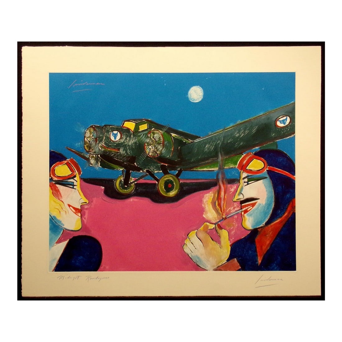 1980s Earl Linderman "Midnight Rendezvous" Hand Signed Original Artwork: Midnight Rendezvous by Earl Linderman Hand signed (top left and bottom right) and titled by the artist Original Monotype on paper Hand signed by the Artist Paper Size: 29-1/2" x 34-1/2" Image Size: