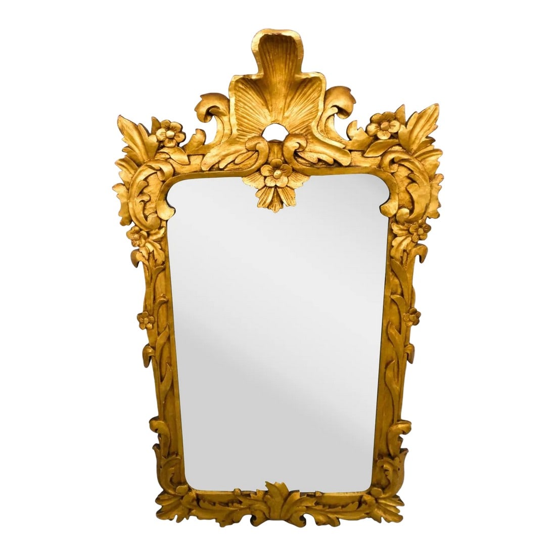 1950s Baroque Carved Gilt Wood Mirror French Gold: Decorated with floral and foliate motifs. Handcrafted of wood with gold application. Baroque style Condition: Alterations: Original Condition Unaltered Imperfections: Some Imperfections Condition Note