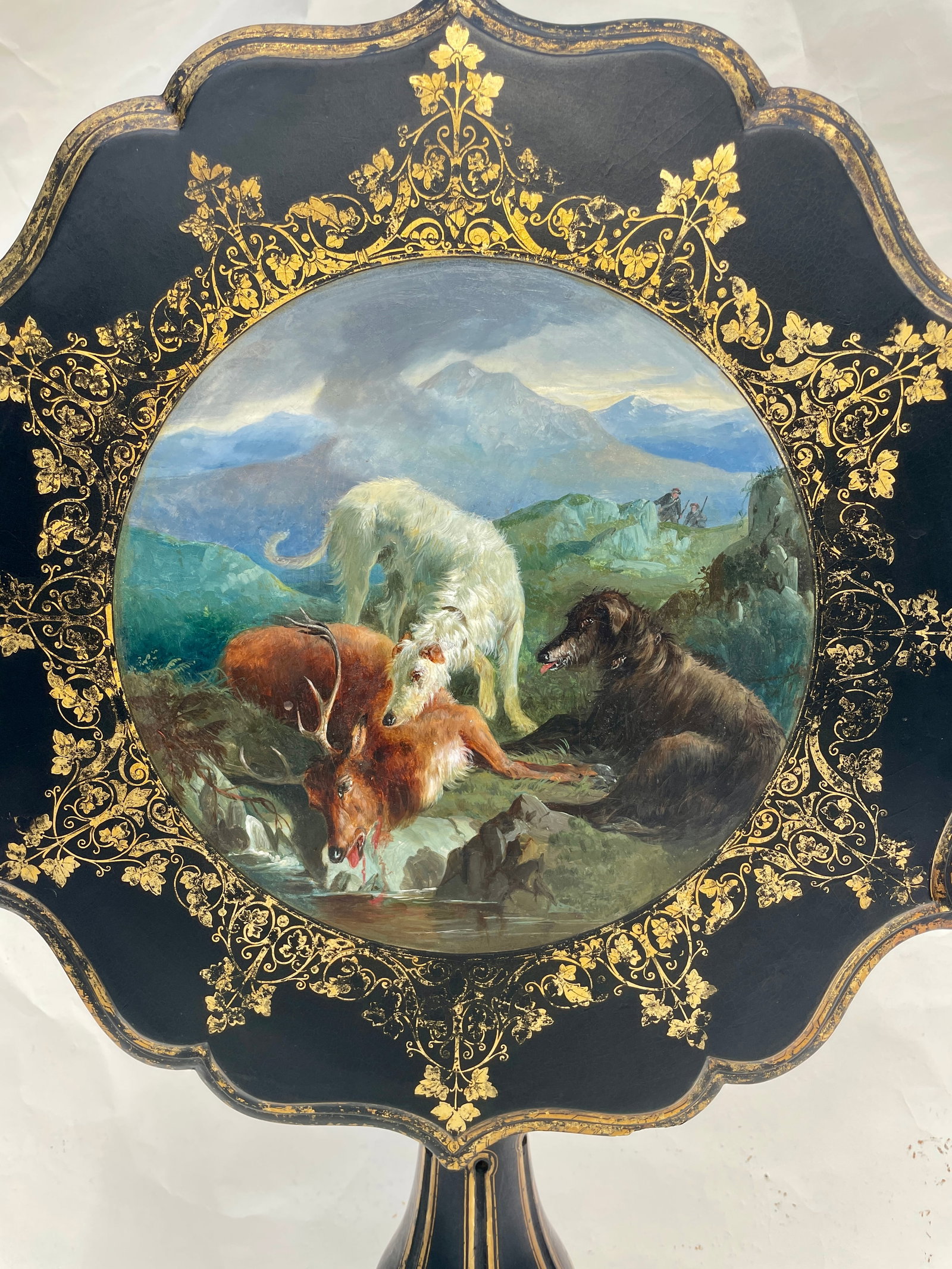 English Hand Painted Tilt-Top Table With Dogs - 12