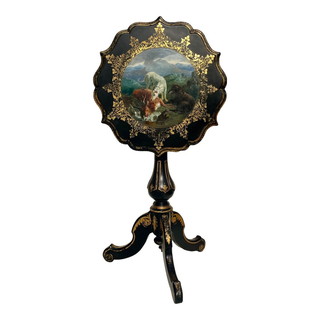 English Hand Painted Tilt-Top Table With Dogs: A distinguished decorative piece with antique charm, perfect for curated interiors or collections. Our English tilt-top table features a captivating painted hunt scene. In a lush, verdant landscape, v