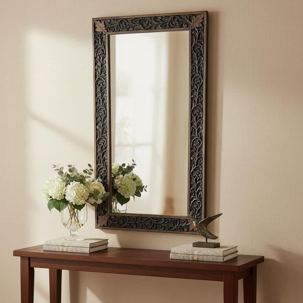 Vintage 1990s Carved Floral Wooden Mirror - 2