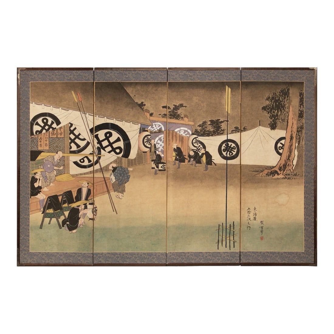 1960s ShÅwa Era After Hiroshige "The 47th Station of Tokaido Road: Seki", Japanese Byobu Screen: Rare ShÅwa era Japanese painted 4-panel Byobu, folding screen, after one of Utagawa Hiroshige's woodblock prints from his series "The Fifty-three Stations of the TÅkaidÅ Road", depictin