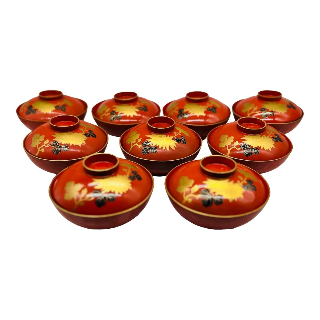 18 Pc, Vintage Japanese Lacquerware Rice Bowl Sets 9 Sets Included: This beautiful 18-piece vintage Japanese lacquerware rice bowl set includes nine matching sets, each consisting of a bowl and lid. Each piece is adorned with hand-gilt floral and foliate details, acce