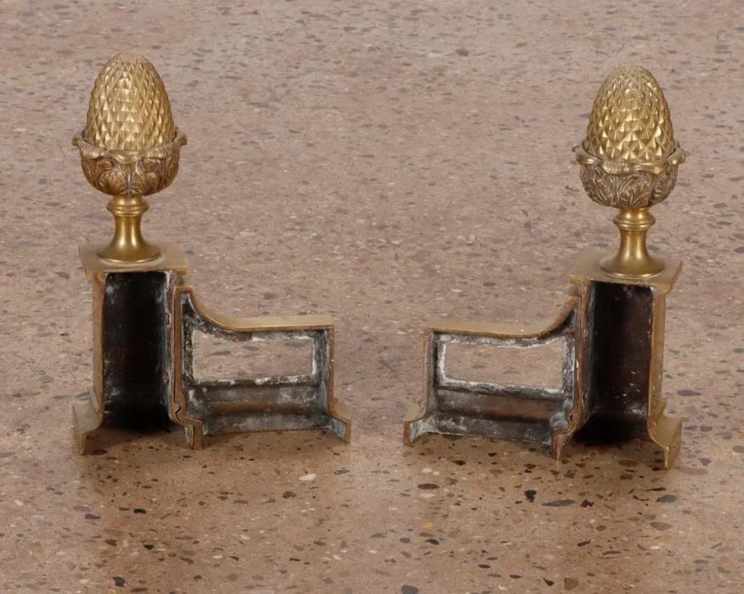 Pair of 1940s French Gilt Bronze Chenets or Andirons in the Form of Either Pineapples, Pine Cones or - 3