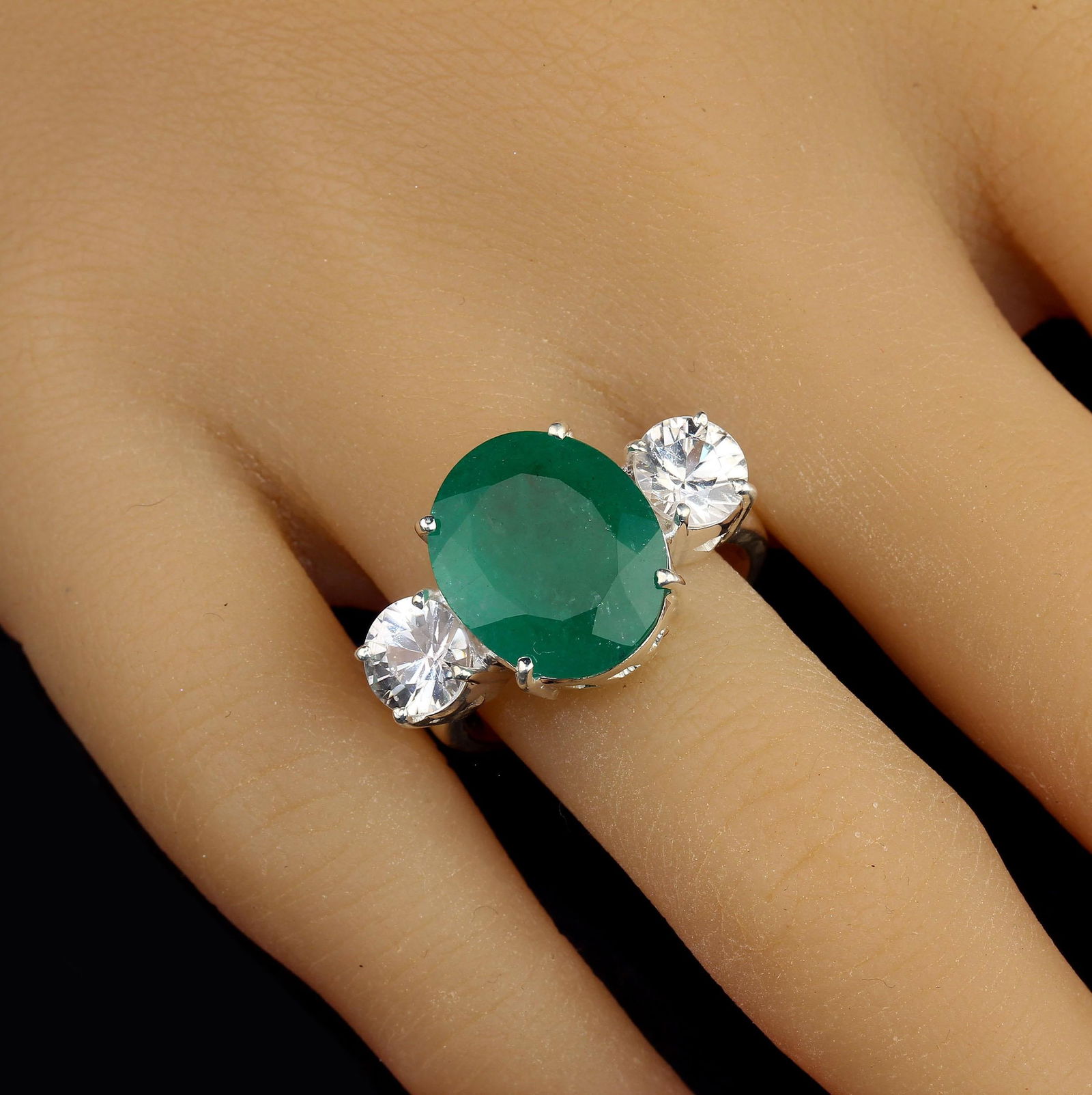 Statement Dinner Ring of Brazilian Emerald & Genuine Zircons in Silver Size 7 - 2