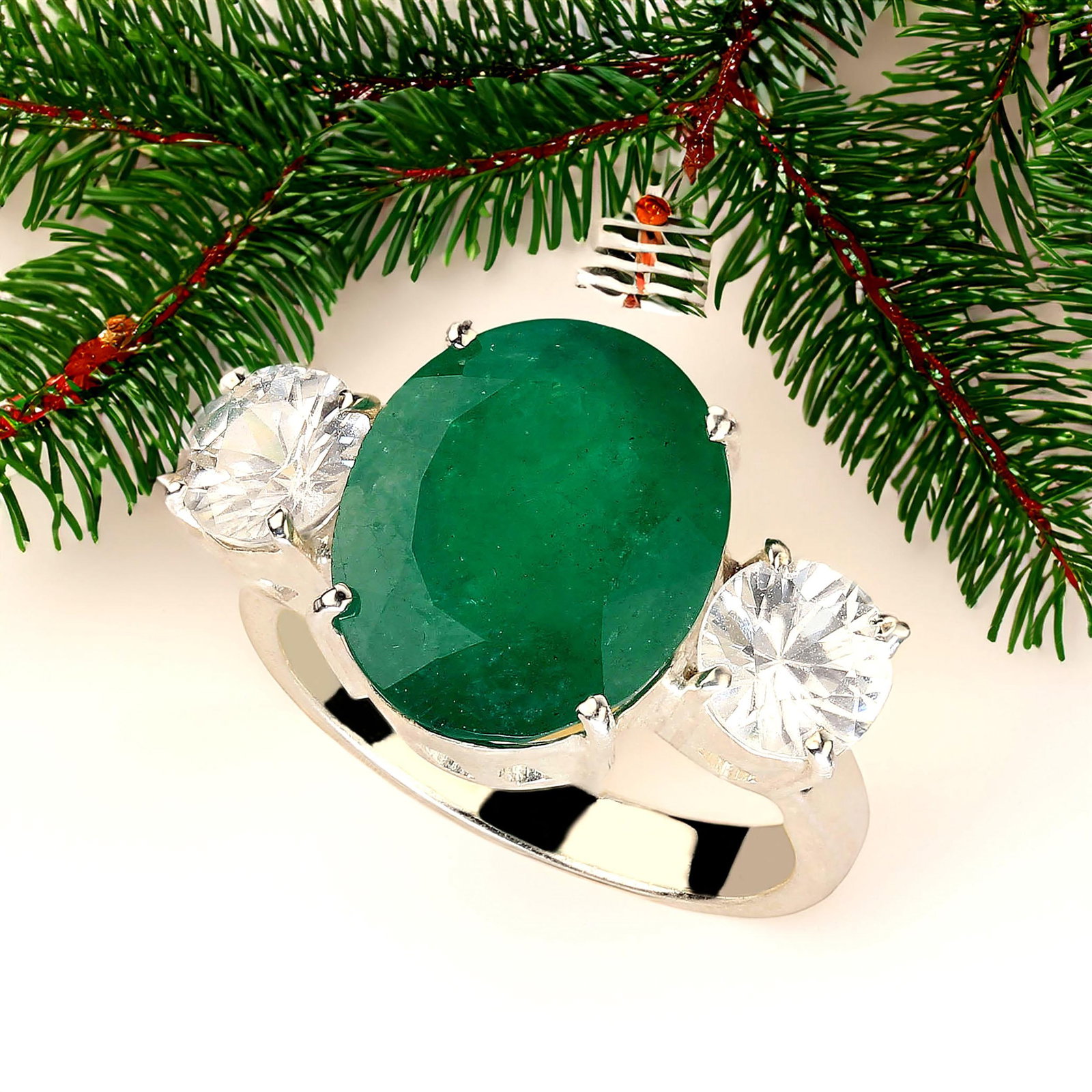 Statement Dinner Ring of Brazilian Emerald & Genuine Zircons in Silver Size 7 - 5