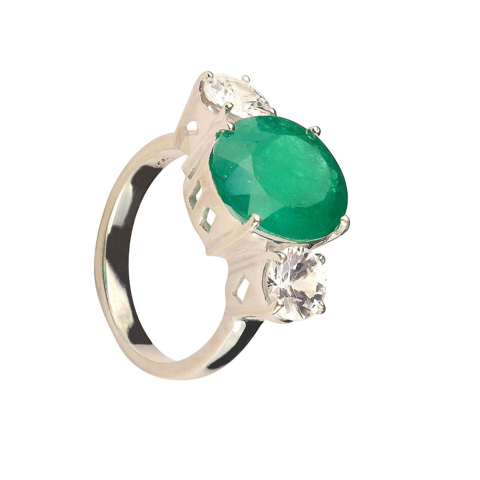 Statement Dinner Ring of Brazilian Emerald & Genuine Zircons in Silver Size 7 - 7
