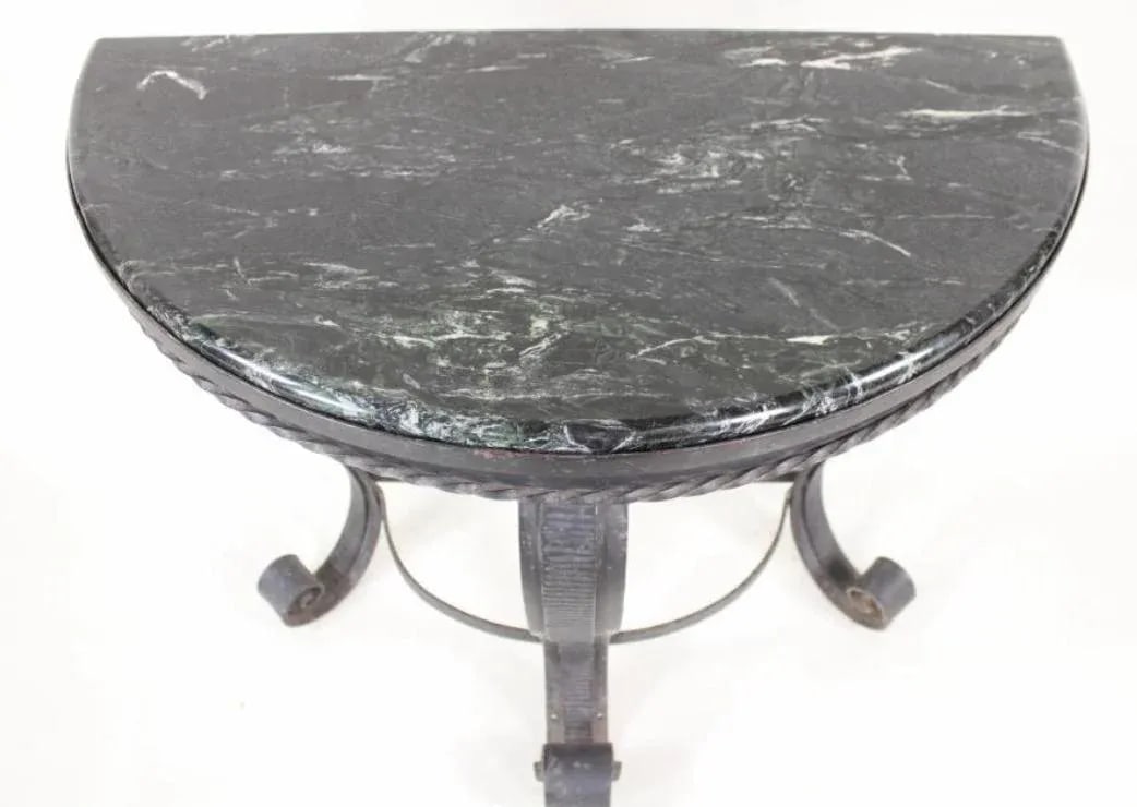 French Marble and Wrought Iron Twisted Rococo Style Console Table With a Swirled Black Marble Top - 4