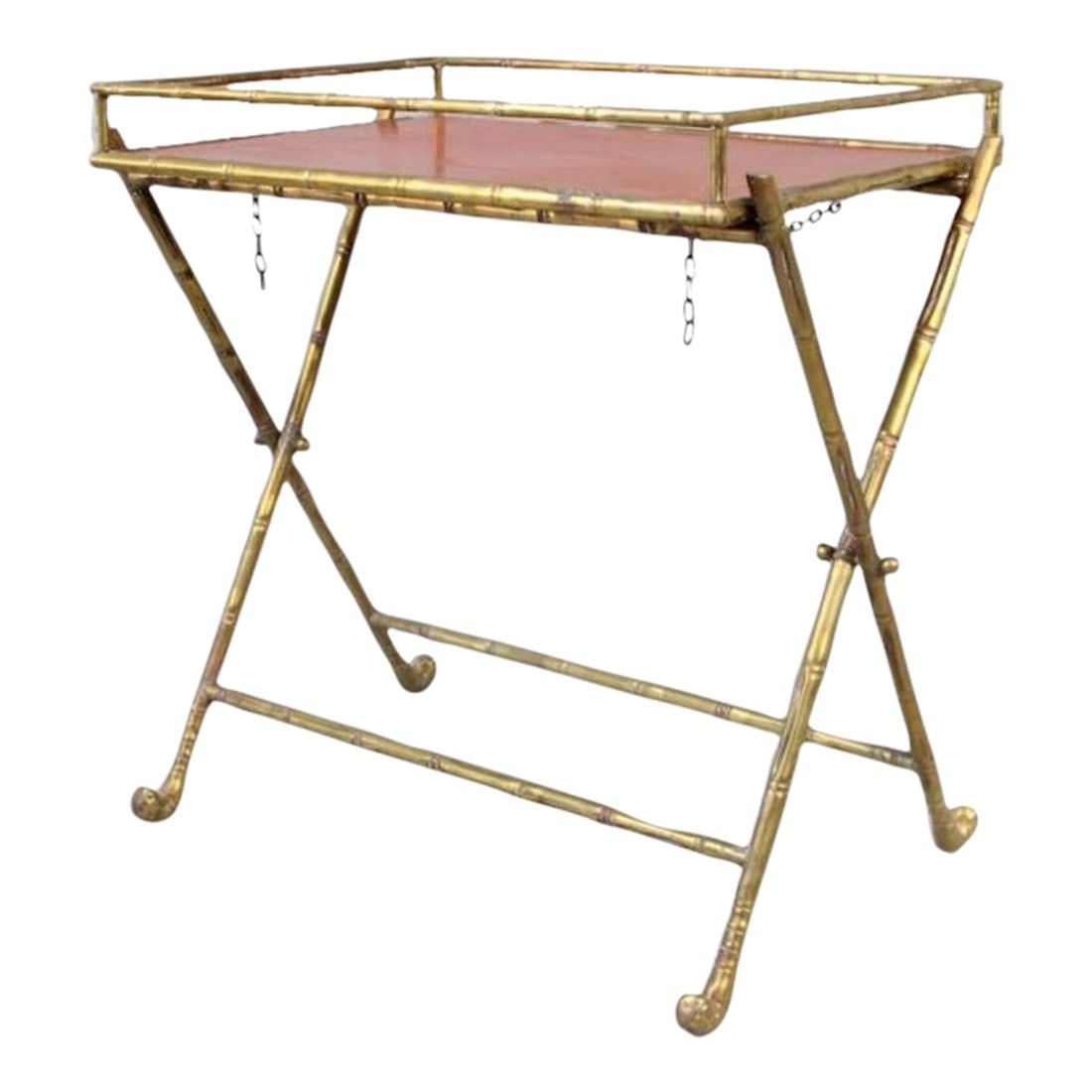 1950s A Mid Century Modern Possibly Bagues French Folding Faux Bamboo in Gold and Red Bar or Tray Ta: Mid-Century Modern or Hollywood regency French Metal Faux Bamboo Folding Tray Table. Tray is red with gold accent, and faux bamboo has a gold finish. Folds for storage. Possibly by Bagues Dimensions a