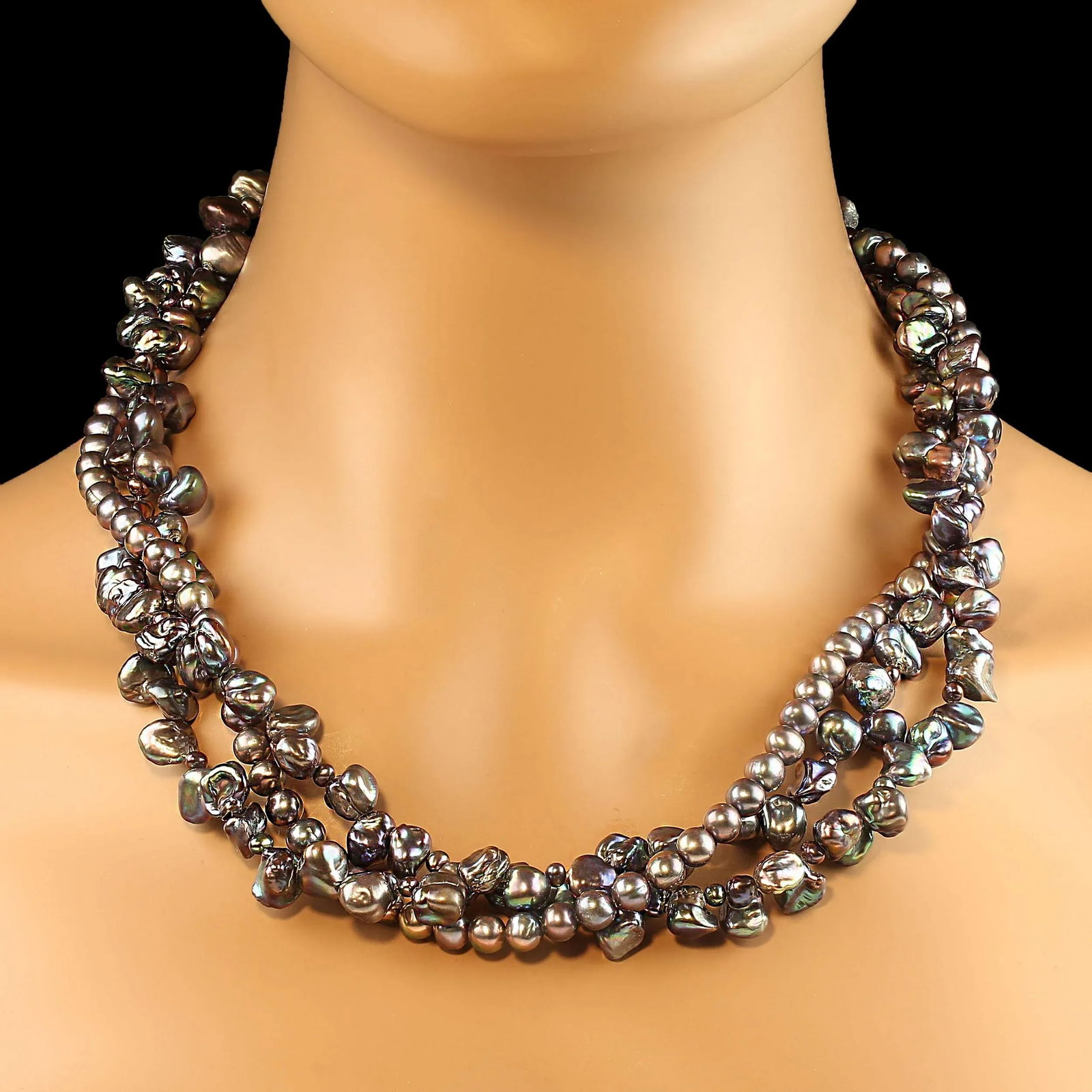 Iridescent Three Strand Peacock Pearl Necklace - 2