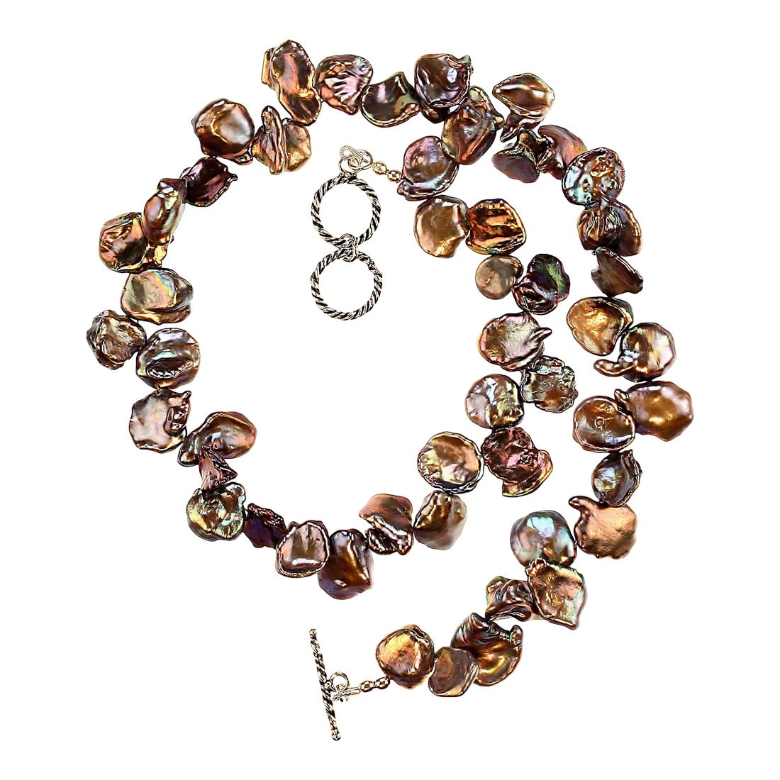 Iridescent, Round, Flat Mauve Keshi Pearl Necklace: 17.5-Inch Keshi Pearl Necklace with Bali Silver Toggle Clasp Elevate your style with this exquisite 17.5-inch Keshi pearl necklace featuring round, flat mauve pearls. Each 11x11mm Keshi pearl is