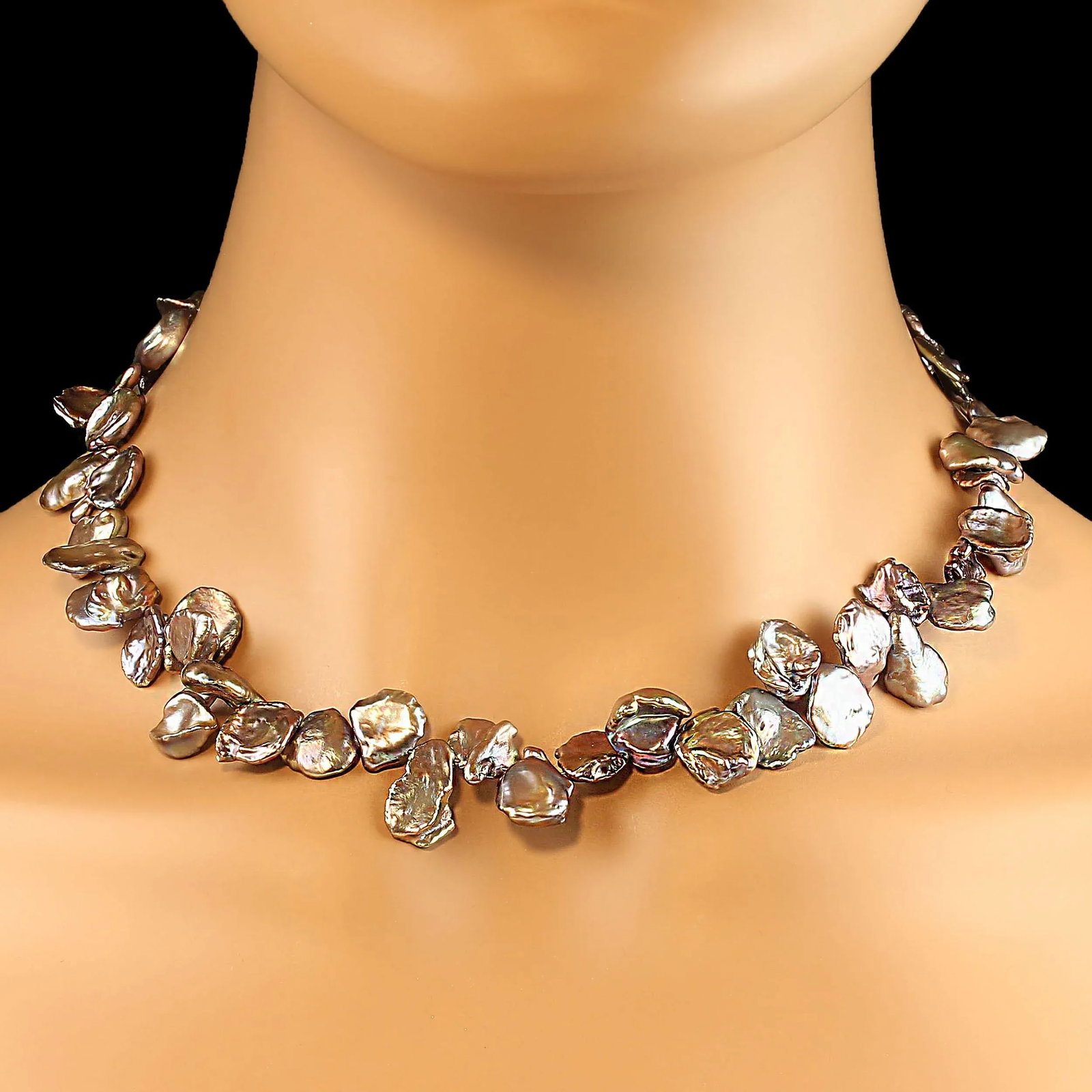 Iridescent, Round, Flat Mauve Keshi Pearl Necklace - 2