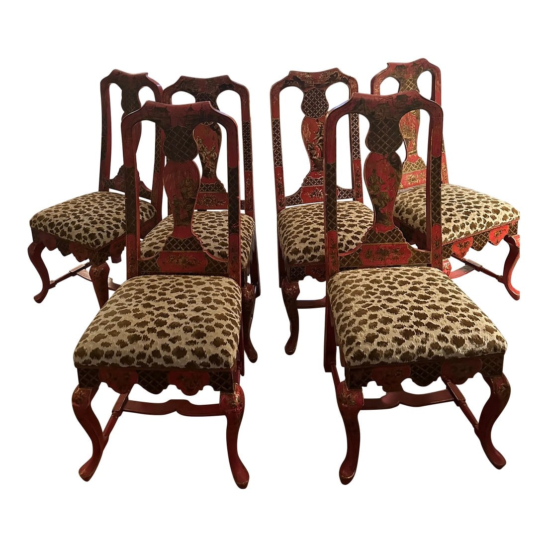 8 Gillowâ"Â™s of Lancaster Queen Anne Style Red Painted Chinoiserie Dining Chairs in: An exquisite set of 19th century red chinoiserie decorated in the Queen Anne style of England's Gillow's of Lancaster. Upholstered in the finest salamandre leopard print fabric the seats have a very a