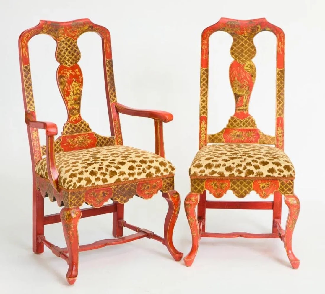 8 Gillowâ"Â™s of Lancaster Queen Anne Style Red Painted Chinoiserie Dining Chairs in - 2