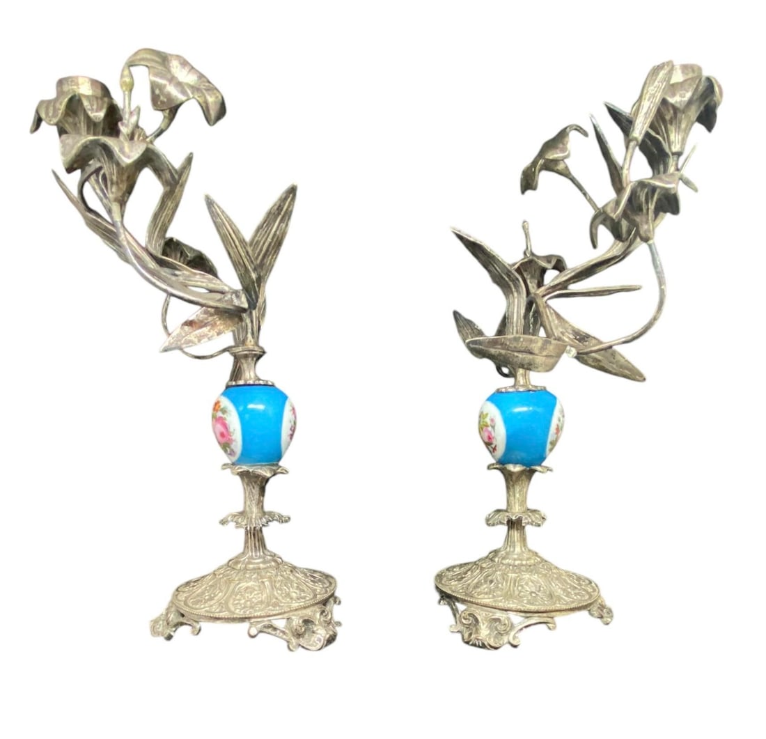 Antique Pair French Silver Sevres Porcelain With Vibrant Floral Design Candelabras Candlesticks - 4