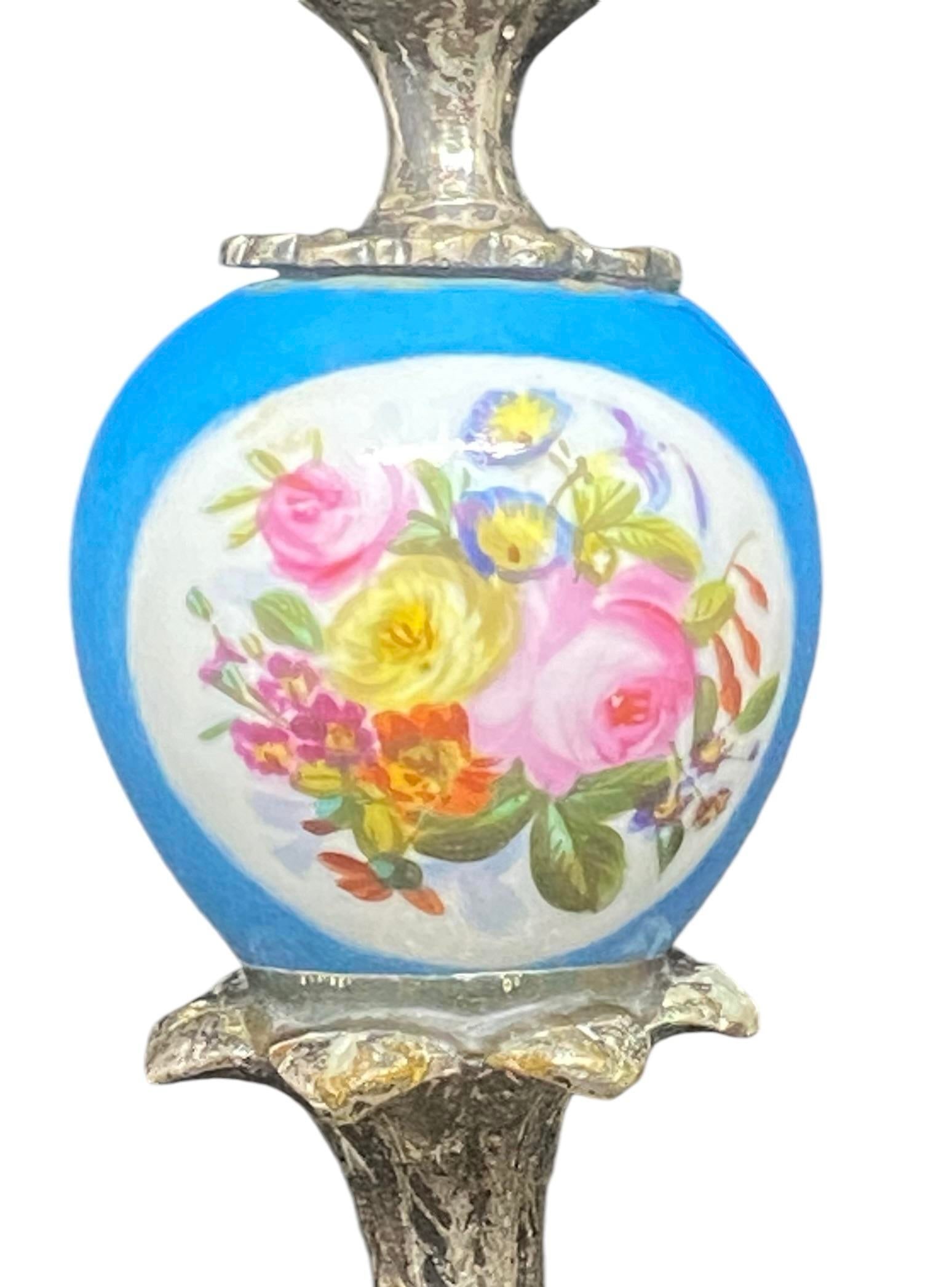 Antique Pair French Silver Sevres Porcelain With Vibrant Floral Design Candelabras Candlesticks - 6