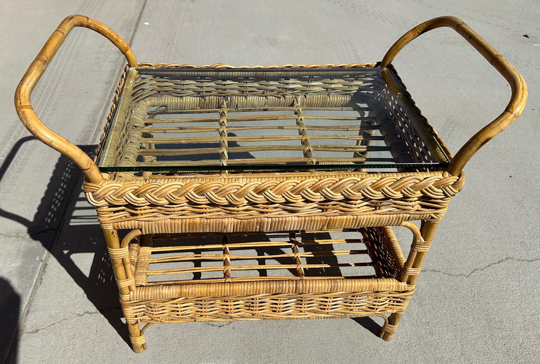 Coastal Michael Taylor Style Woven Rattan Bar Cart W/Drink Holder - 10