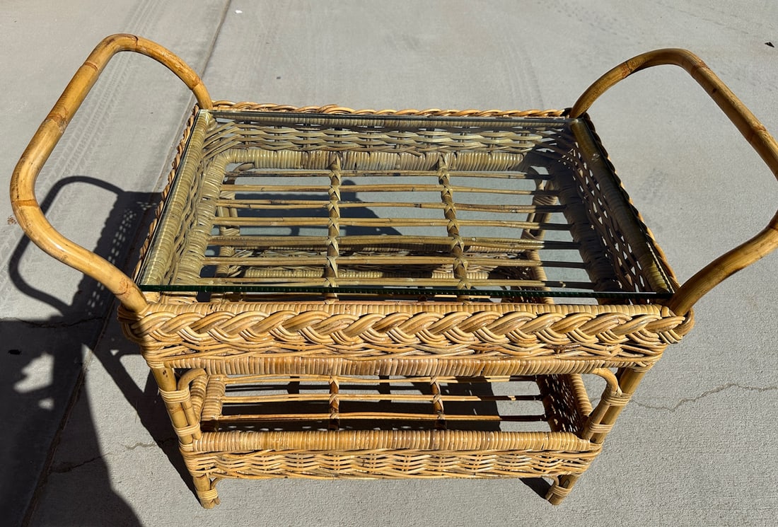 Coastal Michael Taylor Style Woven Rattan Bar Cart W/Drink Holder - 3
