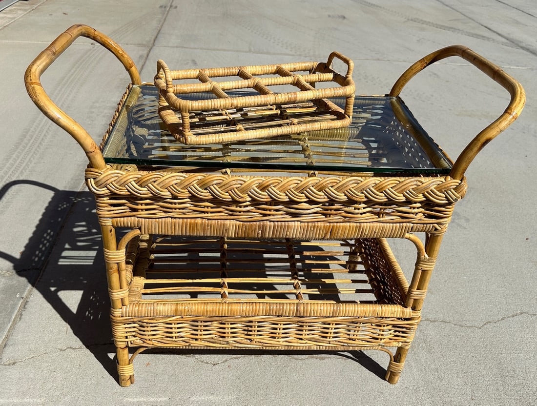 Coastal Michael Taylor Style Woven Rattan Bar Cart W/Drink Holder - 9