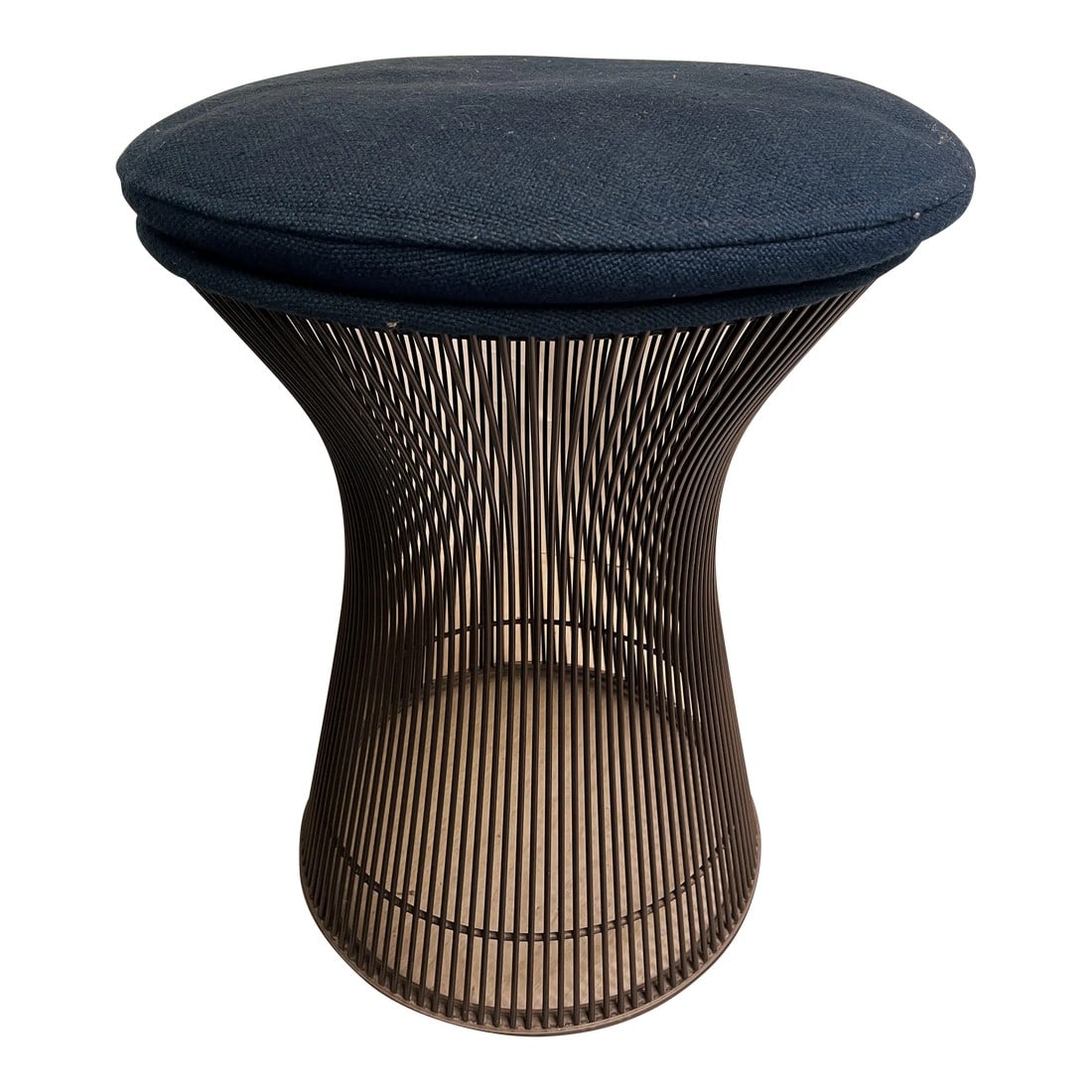 Mid 20th Century Warren Platner Knoll International Stool Original Blue Fabric Bronze Metal: This is a fabulous original mid century modern stool designed by Warren Platner for Knoll International, Inc,, the simple and elegant wire rods create a alluring pattern and the original blue fabric i