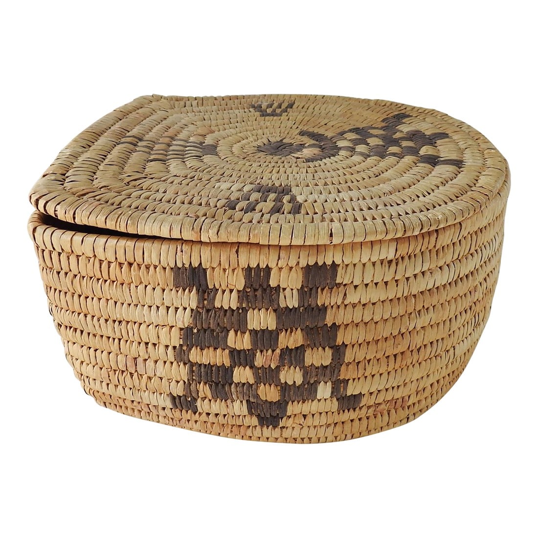Vintage Papago Hand Woven Covered Basket Turtle Design: Vintage two tone lidded handwoven Papago (Tohono O'odham) Indian basket with turtle motif. Easily attributed handmade Native American work. Original hinges are missing, minor edge wear, minor fading.