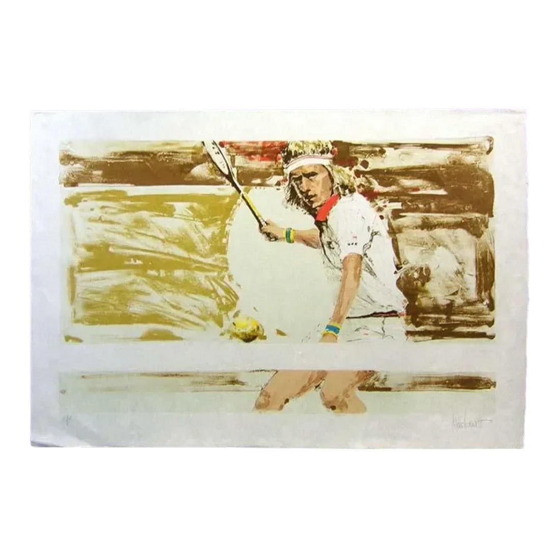 Aldo Luongo "Bjorn Borg" Art Hand Signed Lithograph on Japon Paper: Bjorn Borg by Aldo Luongo Original Limited Edition Lithograph on Japon Paper Hand Signed by the Artist Image Size: 17" x 28" Paper Size: 21.5" x 32" Edition Number: AP (Artist Proof) Condition: has a