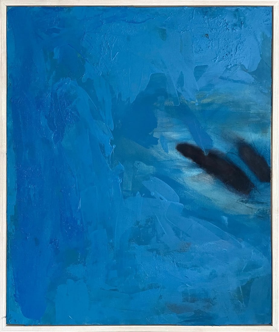 Far-Flung Blue and Black Textured Original Painting: This artwork painted in 2024 features light textural variances and multiple pigment layers with intentional distressing. The painting is stretched on 1.5" deep stretcher bars and set inside a solid wo