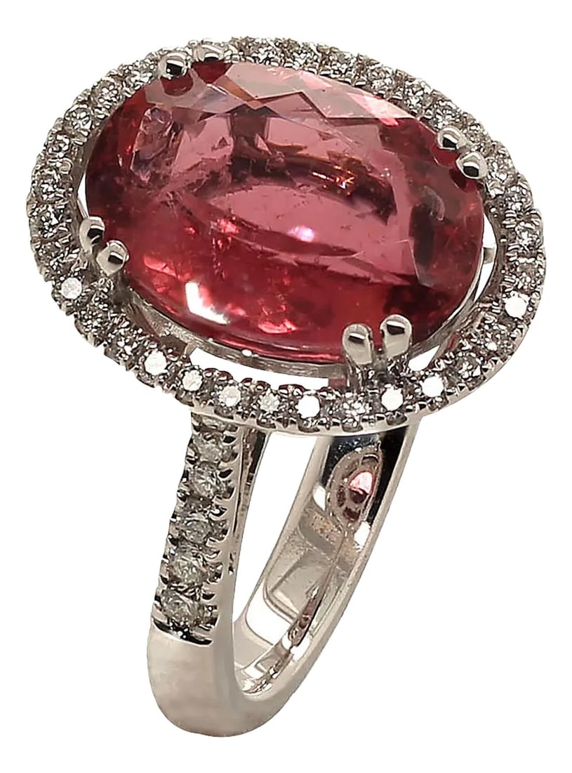 Oval Pink Tourmaline Halo Set in Diamonds 14k White Gold Ring: Pink Tourmaline & Diamond Dinner Ring in 14K White Gold – Handcrafted, One-of-a-Kind Experience luxury with this handmade dinner ring showcasing a stunning pink tourmaline haloed by sparkling di
