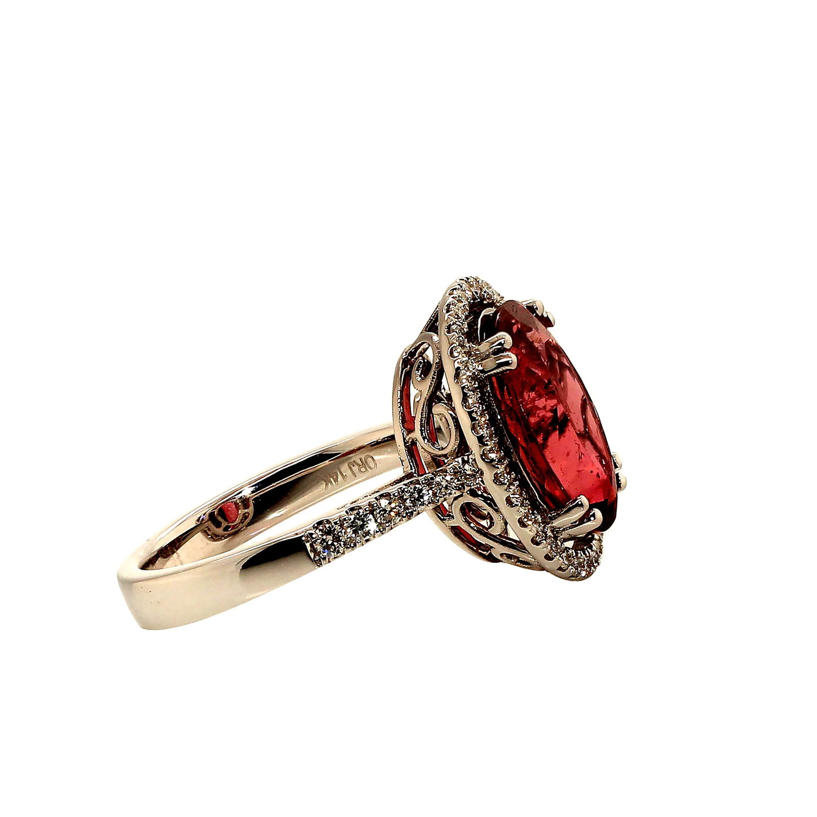 Oval Pink Tourmaline Halo Set in Diamonds 14k White Gold Ring - 3