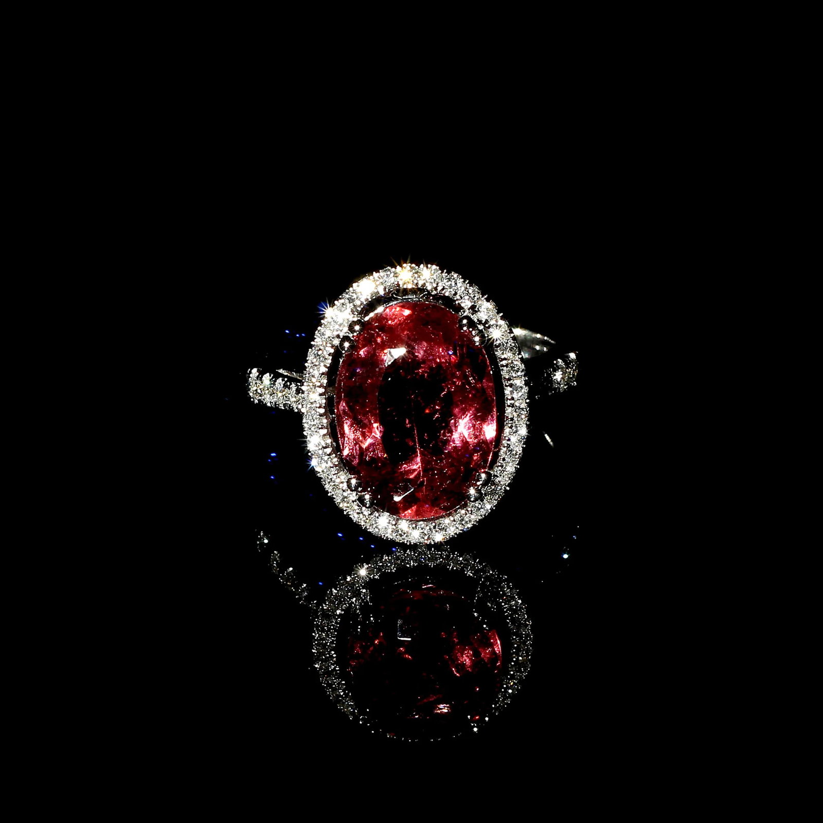 Oval Pink Tourmaline Halo Set in Diamonds 14k White Gold Ring - 5