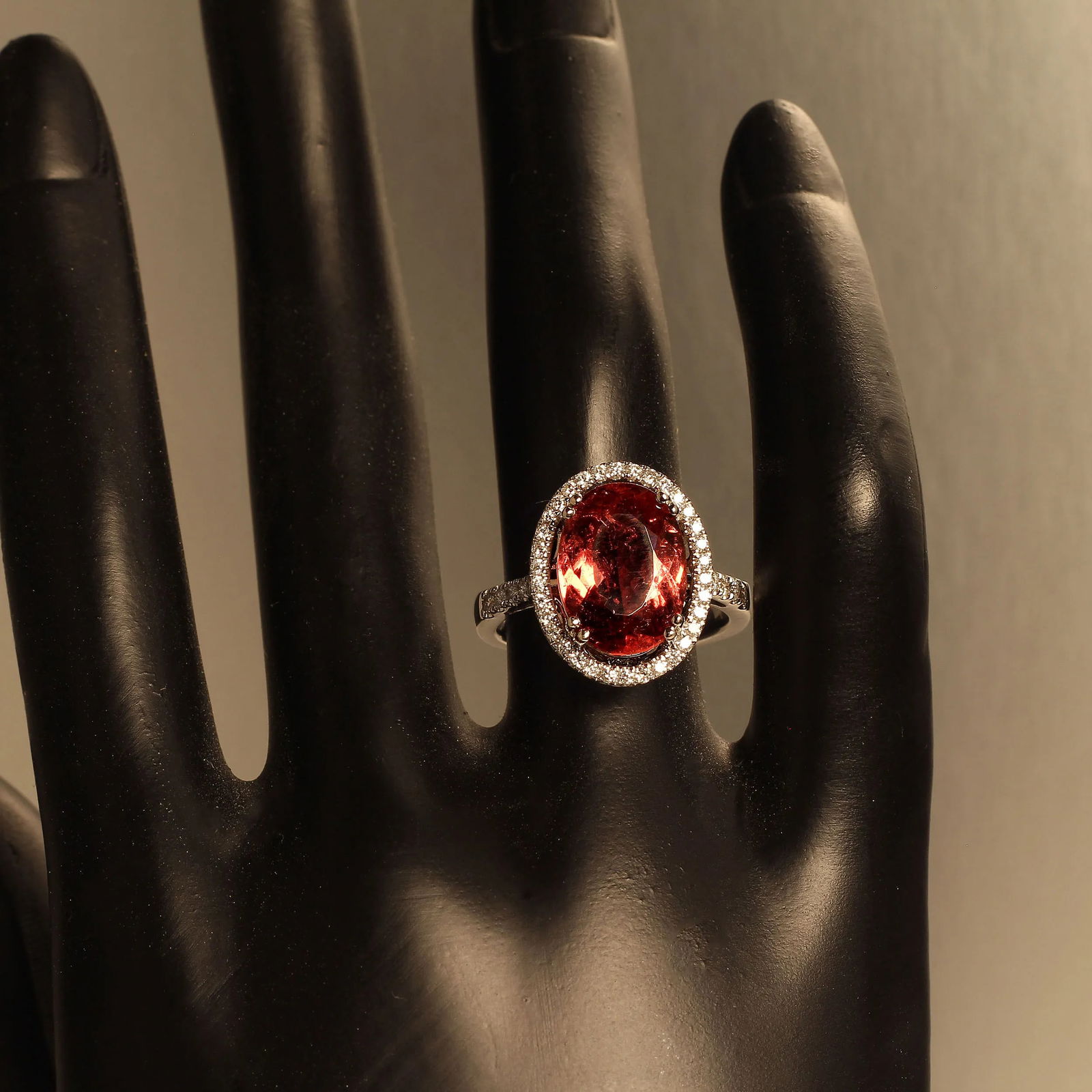 Oval Pink Tourmaline Halo Set in Diamonds 14k White Gold Ring - 7