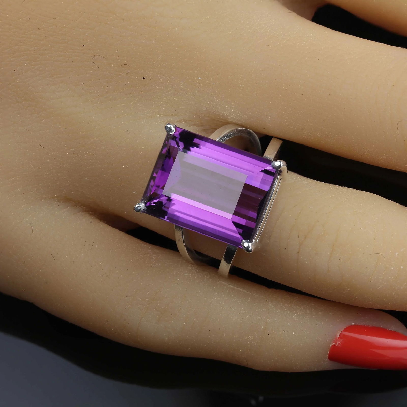 Emerald Cut 12ct Amethyst & Sterling Ring Size 7.75 - 2
