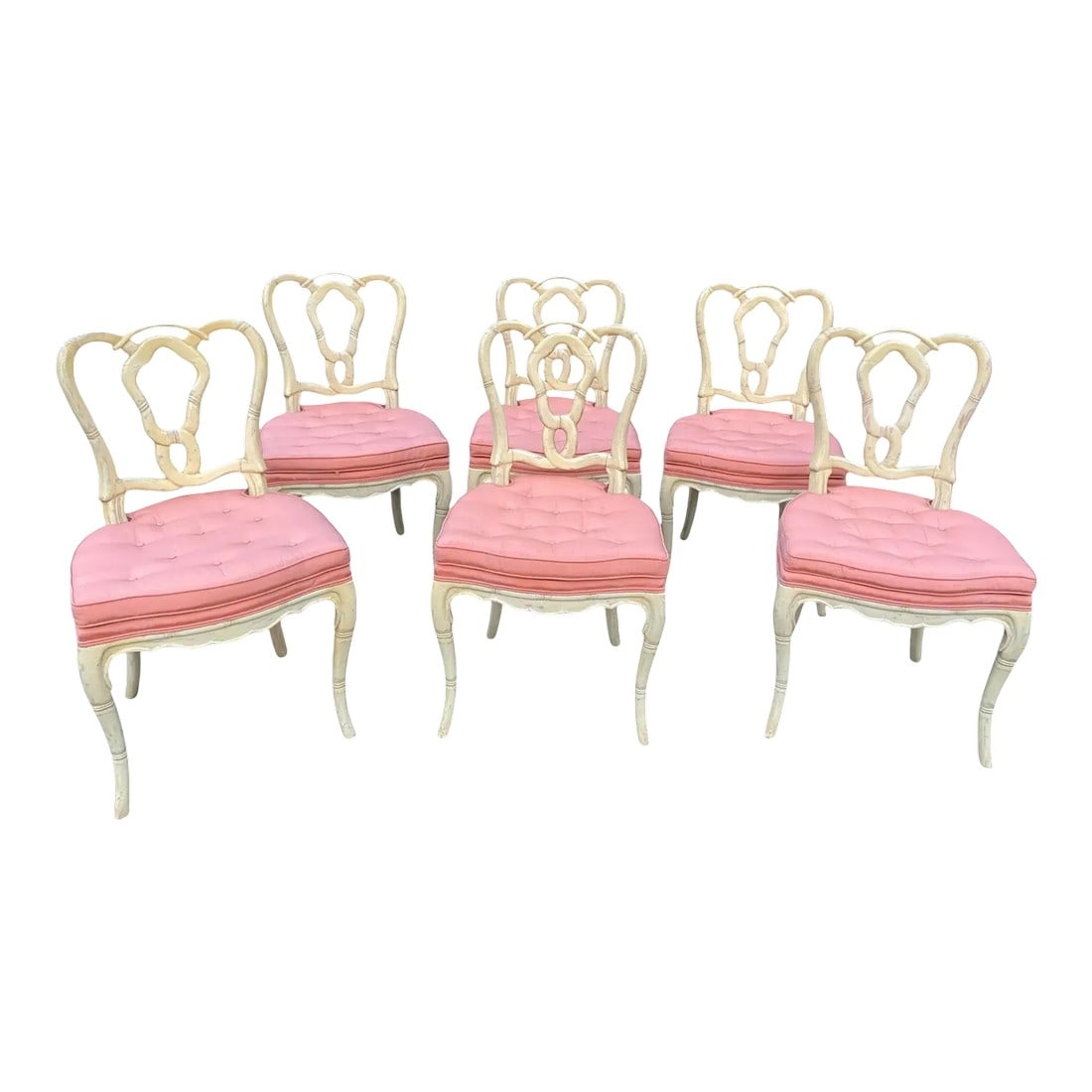 Mid 20th Century Mid Century Bamboo Style Pink Dining Chairs - Set of 6: Quick Hits: - Mid-century bamboo style dining chairs set of 6 - Upholstered in a soft pink fabric for a fresh, feminine touch - Lilly Pulitzer-inspired design for a tropical vibe - Ideal for dining ro