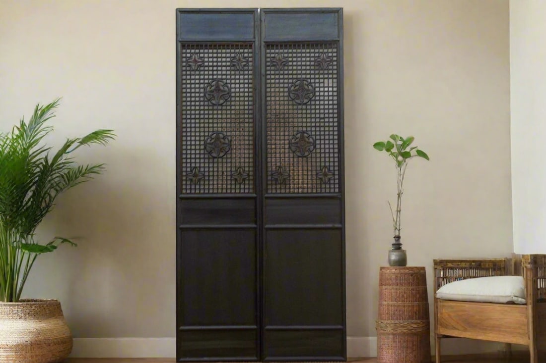 Pair of Tall Antique Black Lattice Screens - 2