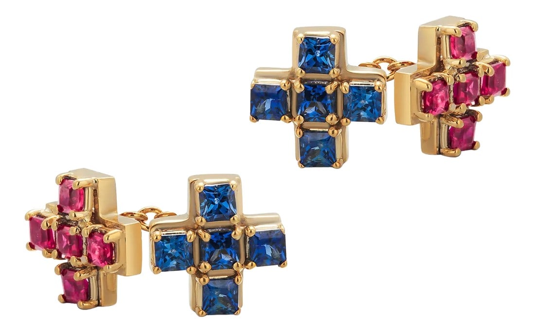 Princess Sapphire Princess Ruby 6.50 Carat 18 Karat Gold Double Sided Cufflinks - 2 Pieces: Introducing the epitome of luxury and sophistication: the Ceylon Princess Sapphire and Burma Princess Ruby 6.50 Carat 18 Karat Double Sided Link Chain Cufflinks, crafted to perfection for those who ap
