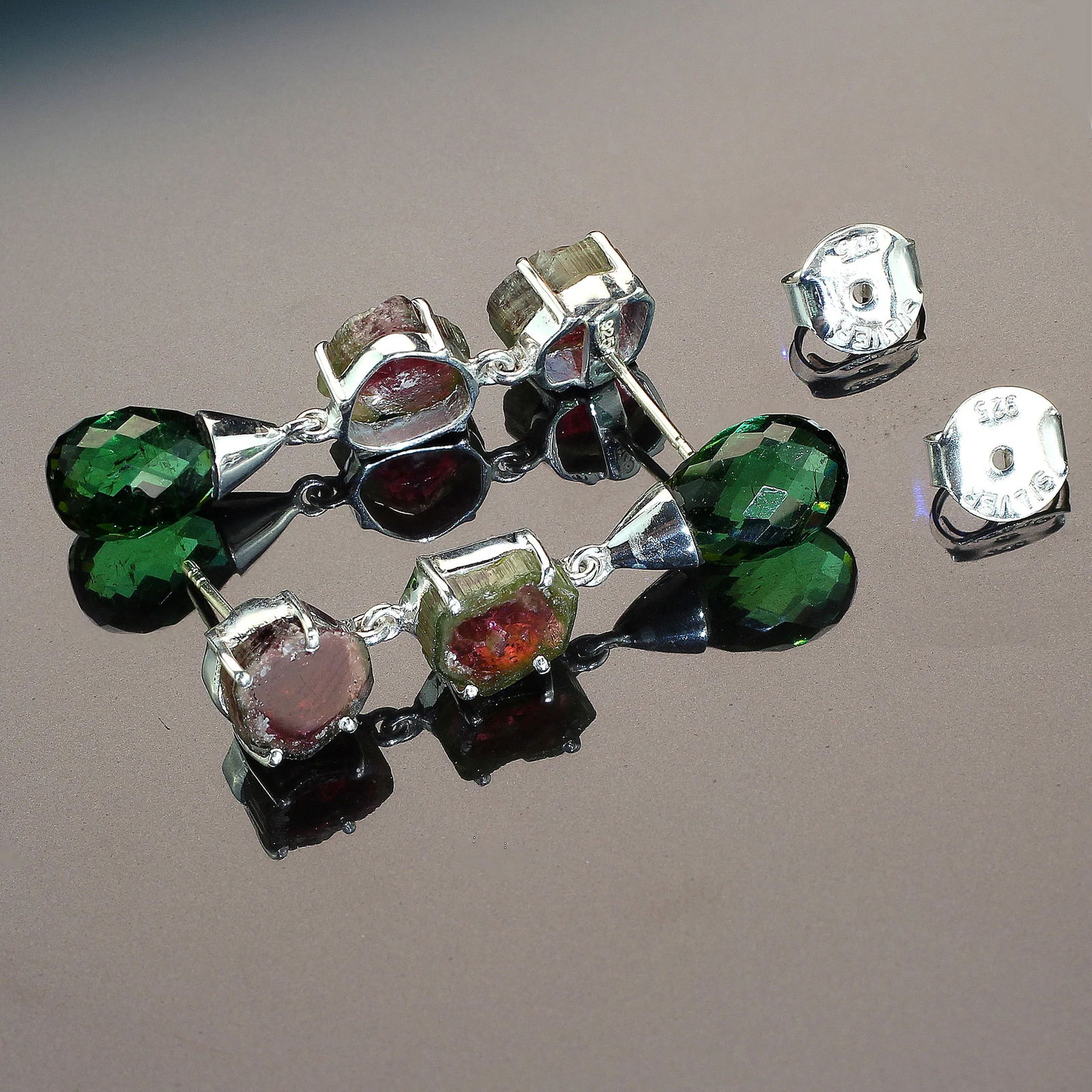 Watermelon Tourmalines Slice Earrings in Sterling Silver - 2 Pieces - 4