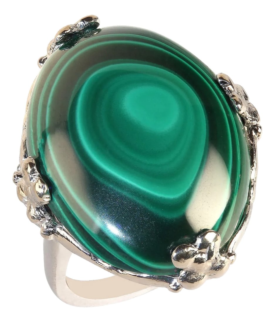 Oval Malachite Cabochon in Handmade 14k White Gold Ring: Glorious Green Malachite Cabochon Ring in 14K White Gold – 24x21mm Make a statement with this stunning Green Malachite Cabochon Ring, custom-crafted in 14K white gold with intricate floral