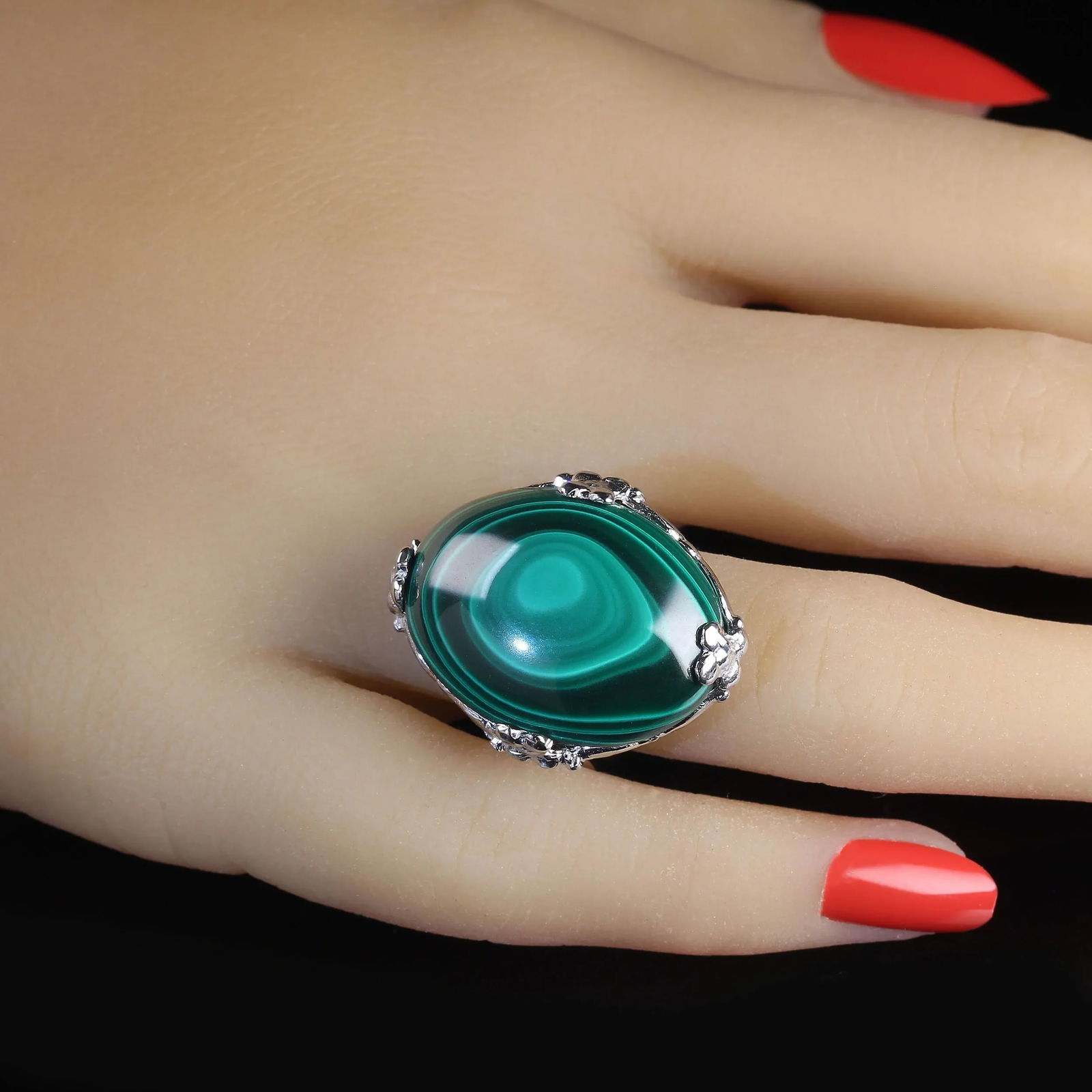 Oval Malachite Cabochon in Handmade 14k White Gold Ring - 2